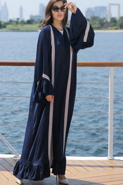 Navy Abaya with  Embroidery Strips