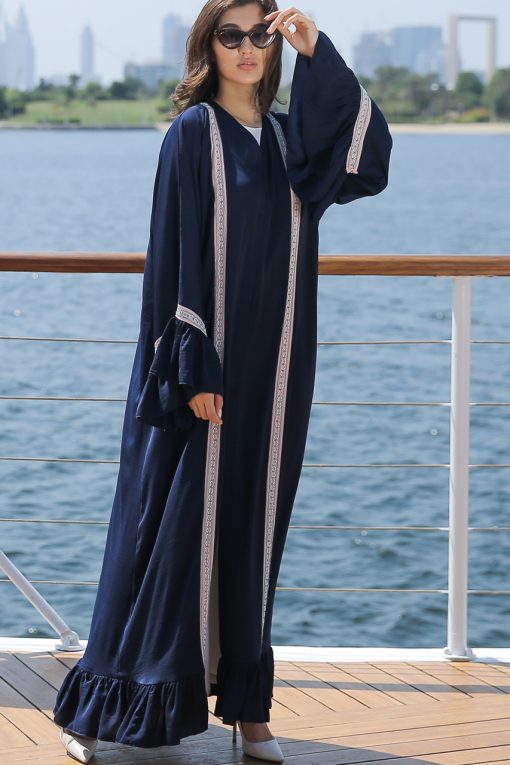 Navy Abaya with  Embroidery Strips