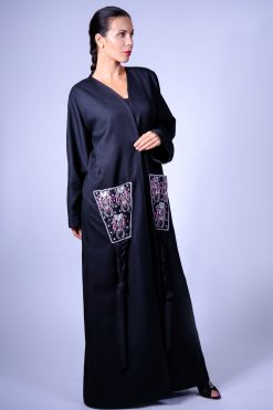 Black Pocket Abaya with Embroidery