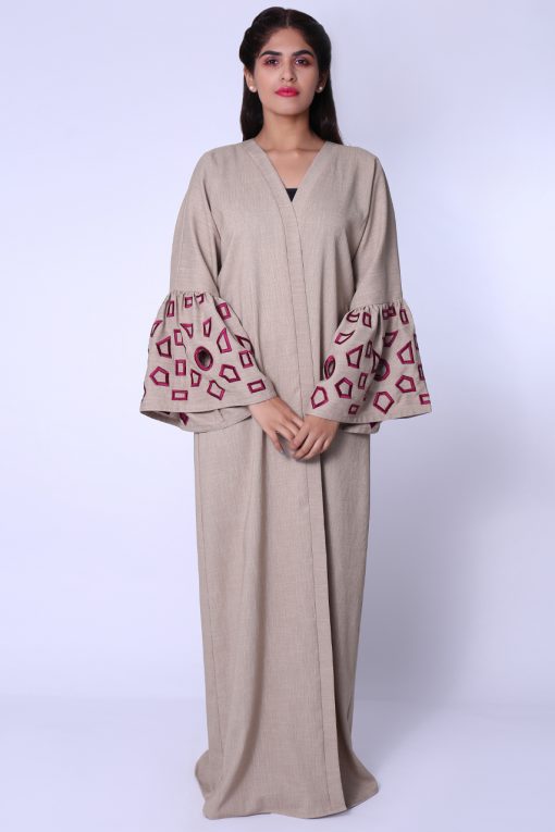 Open Front Beige Embroidered Abaya