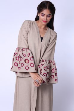 Open Front Beige Embroidered Abaya