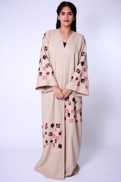 Beige Embroidered Linen Abaya