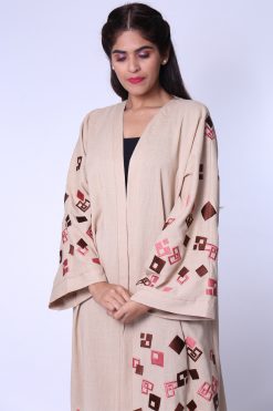 Beige Embroidered Linen Abaya