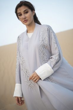 MOIDES2001 3 GREY ABAYA WITH HAND EMBROIDERY
