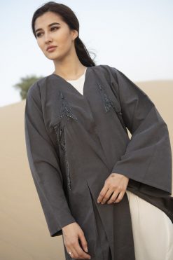 MOIDES2007 3 GREY ABAYA WITH HAND EMBROIDERY