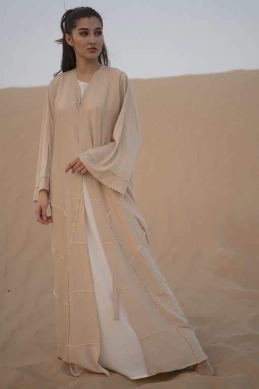 BEIGE LINEN ABAYA WITH HAND THREADWORK