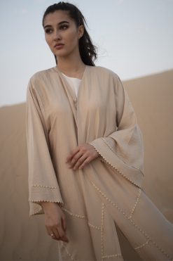 MOIDES2012 3 BEIGE LINEN ABAYA WITH HAND THREADWORK