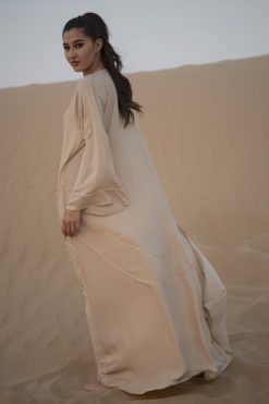 BEIGE LINEN ABAYA WITH HAND THREADWORK