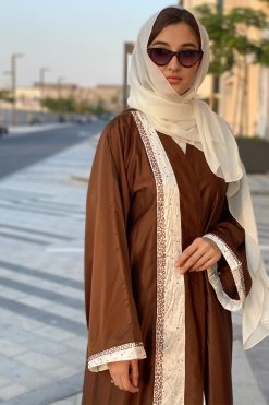 Brown Abaya with Embroidered Panel 6 MOICT2006 3 Brown Abaya with Embroidered Panel