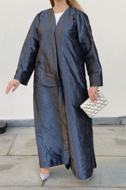 MOICH018 2 Blue Embroidered Jacquard Abaya
