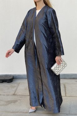 MOICH018 3 Blue Embroidered Jacquard Abaya