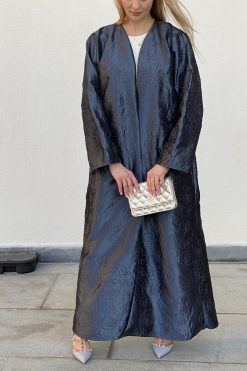 MOICH018 4 Blue Embroidered Jacquard Abaya