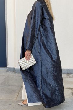 Blue Embroidered Jacquard Abaya