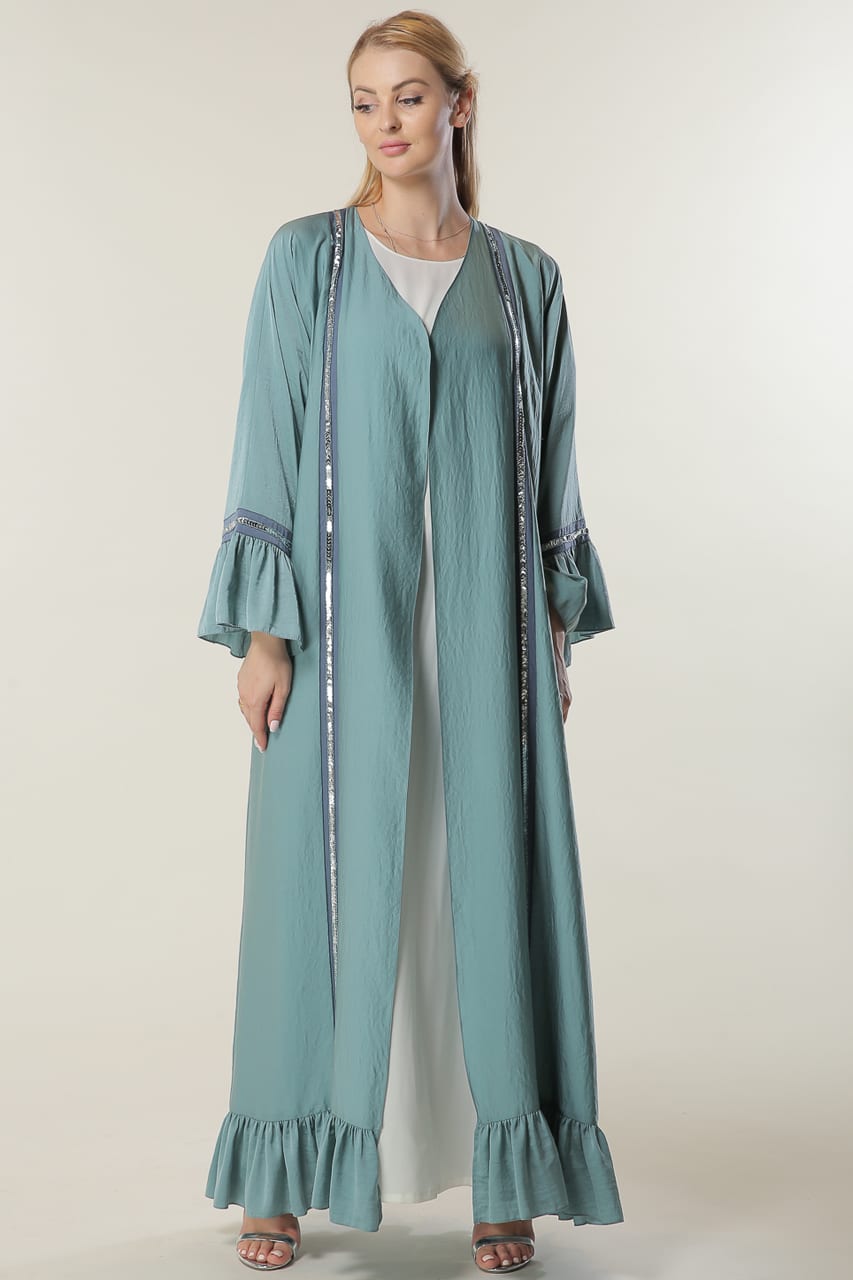 عباية خضراء مع دانتيل 1 Green Abaya with Lace