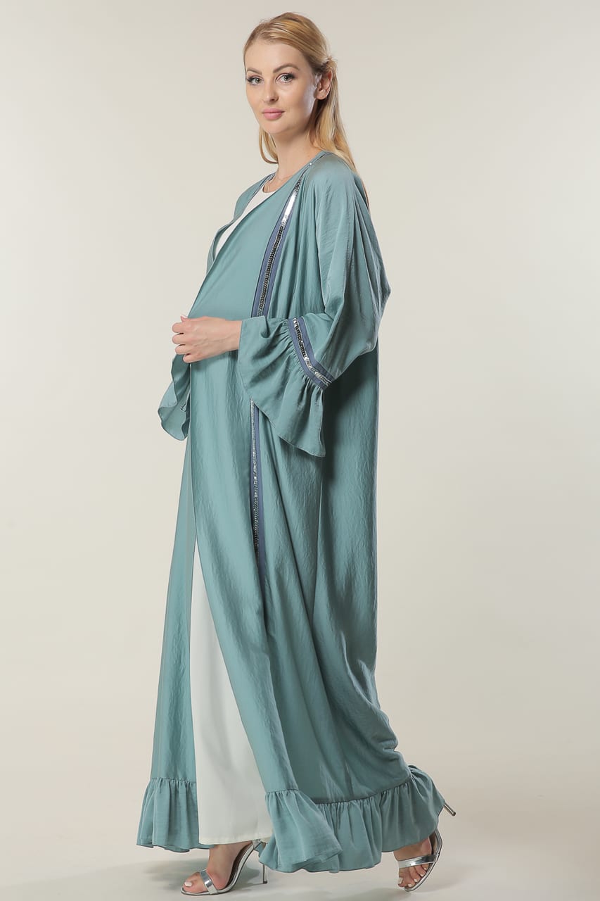عباية خضراء مع دانتيل 2 Green Abaya with Lace - الصورة 2