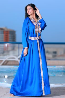 SAYY0005 1 Dark Blue with Yellow Floral Satin Kaftan