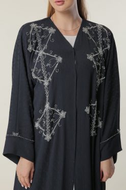 MOILAAM2081 4 Navy Abaya with Silver Handwork