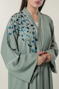 MOILAAQ2030 4 Pastel Green Abaya with Crystals