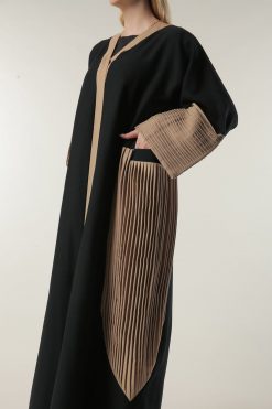 MOILASR2089 4 Black Abaya With contrast pleated panels