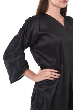 MOIS3126 3 Black Plain Abaya with Pleated Sleeves