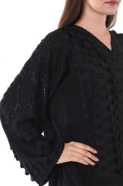 MOIS3068 3 Black Abaya with Checkered Panels