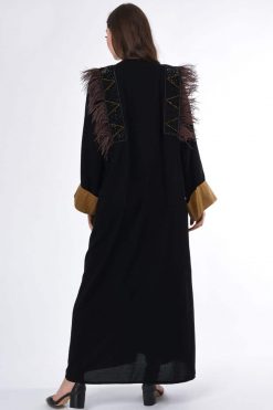 MOIS3050 4 Linen Abaya design with Feathe