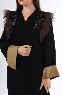 MOIS3050 3 Linen Abaya design with Feathe