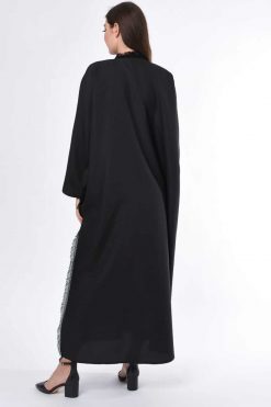 MOIS3009 4 Black Abaya with Button Highlight and Fringe Detail