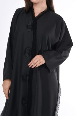 MOIS3009 3 Black Abaya with Button Highlight and Fringe Detail