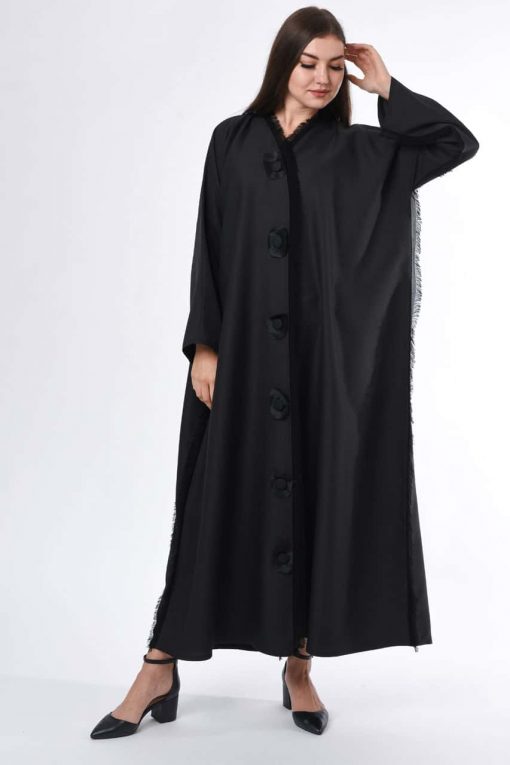 Black Abaya with Button Highlight and Fringe Detail