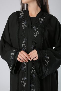 MOIHA40103 4 Black Fringe Embroidery Abaya