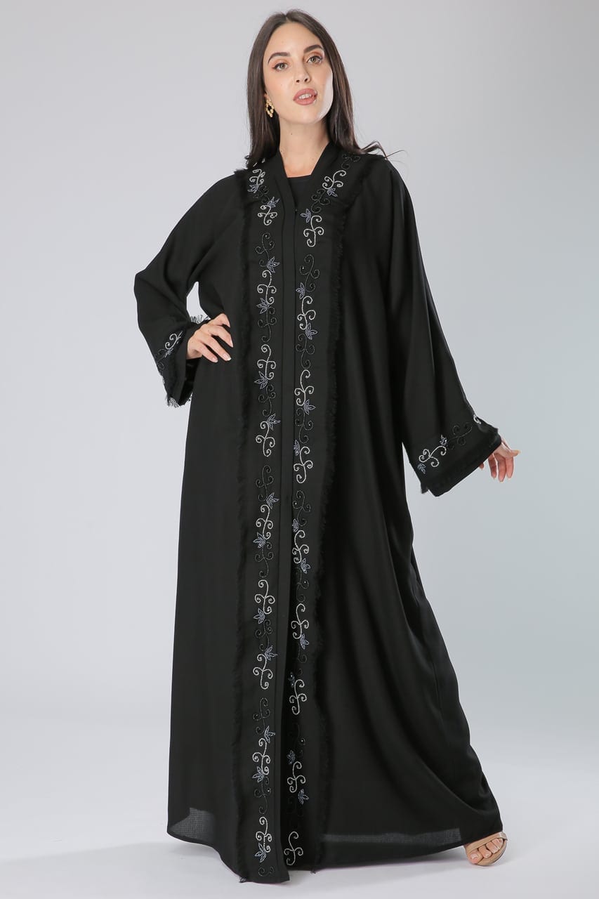 Black Fringe Embroidery Abaya - Heracloset Online