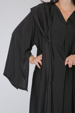 MOIS40034 4 Bell Sleeves Knotted Layer Black Abaya