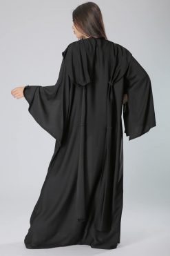 MOIS40034 3 Bell Sleeves Knotted Layer Black Abaya