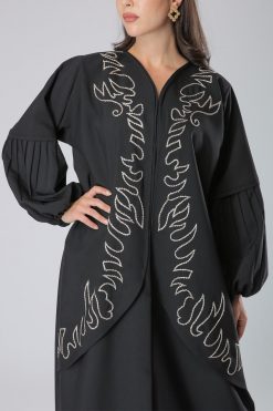MOIS40032 4 Crepe Black Abaya with Embroidery