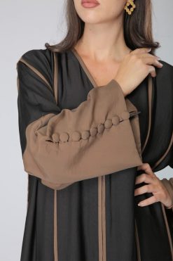 MOIS40031 4 Black Abaya with brown piping
