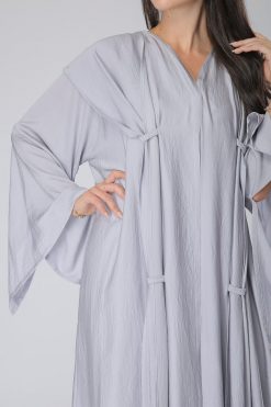 MOIS40021 4 Bell Sleeves Knotted Layer Grey Abaya