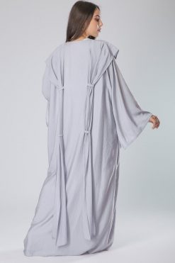 MOIS40021 3 Bell Sleeves Knotted Layer Grey Abaya
