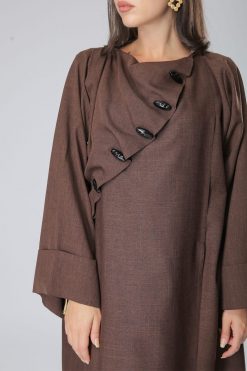 MOIS40007 3 Boat Neck Buttoned Brown Abaya