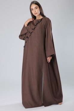Boat Neck Buttoned Brown Abaya