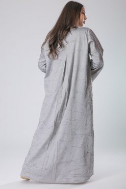 MOIS40006 3 Trimmed Lace Silver Abaya Dress