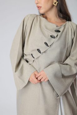 MOIS40004 3 Boat Neck Buttoned Beige Abaya