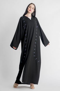 MOIAP60077 3 Black Abaya with Blue Floral Embroidery