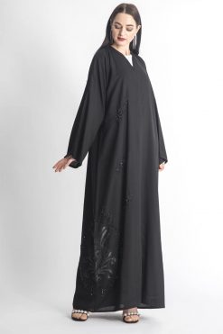 MOIAP60076 4 Black Floral Motif Lace Abaya with Hand Embroidery