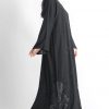 Black Floral Motif Lace Abaya with Hand Embroidery