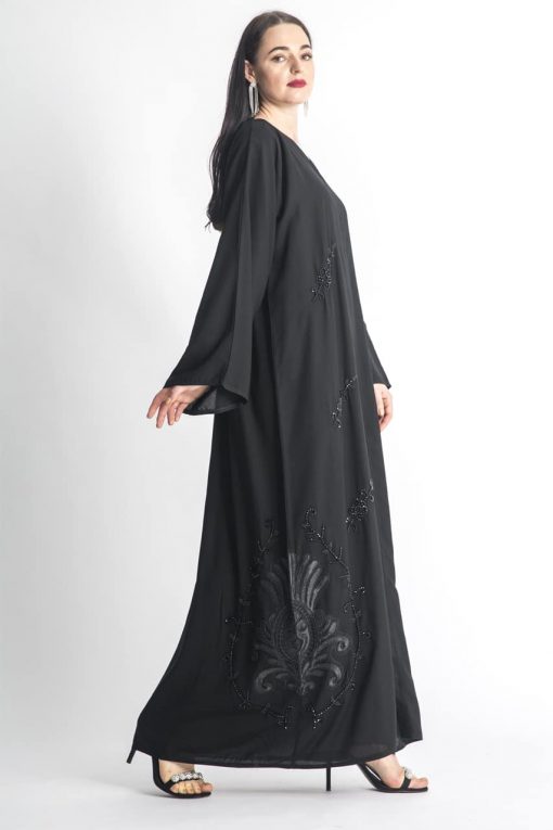Black Floral Motif Lace Abaya with Hand Embroidery