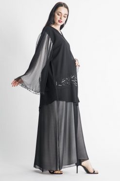 MOIAP60074 3 Pleated Organza Abaya With Hand Embroidery