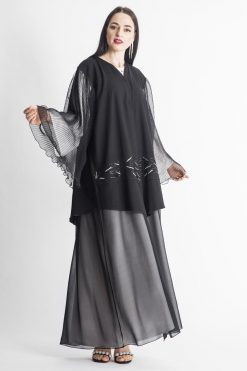 Pleated Organza Abaya With Hand Embroidery
