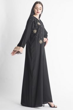 MOIAP60073 3 Golden Embroidery with Contrast Cuffs Abaya