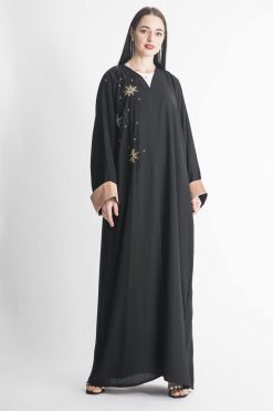 Golden Embroidery with Contrast Cuffs Abaya
